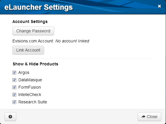 eLauncher Settings dialog showing options to change password, link account, and show & hide products.